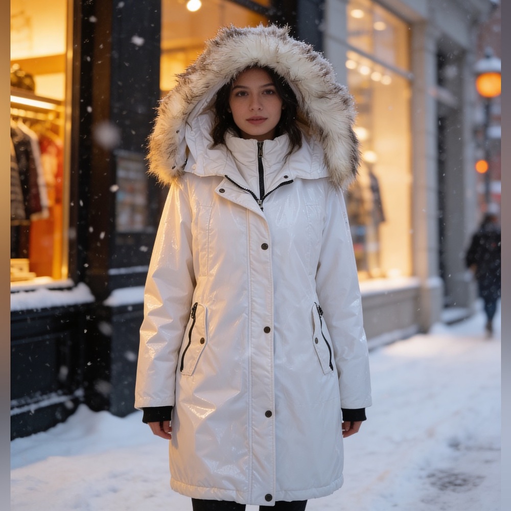 1 Madison Expedition White Winter Parka Puffer Coat faux fur size L